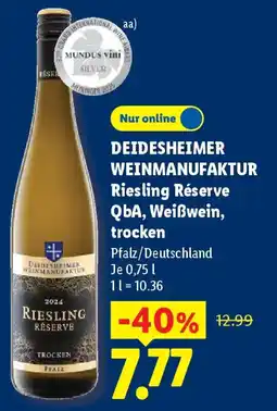 Lidl DEIDESHEIMER WEINMANUFAKTUR Riesling Réserve QbA, Weißwein, trocken Angebot