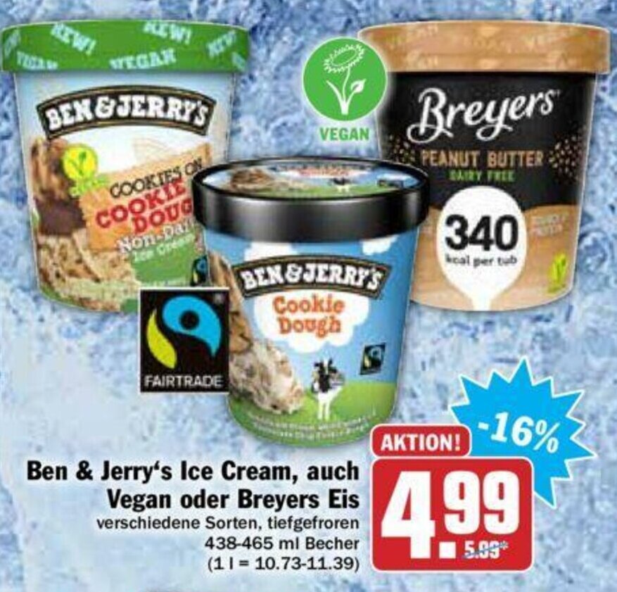 Ben & Jerry's Ice Cream, auch Vegan oder Breyers Eis 438465ml Becher Angebot bei Hit