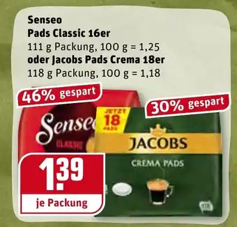 REWE Senseo Pads Classic 16er 111g Packung, oder Jacobs Pads Crema 18 er 118g Packung Angebot