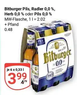 Globus Bitburger Pils, Radler 0,0 %, Herb 0,0 % oder Pils 0,0 % Angebot