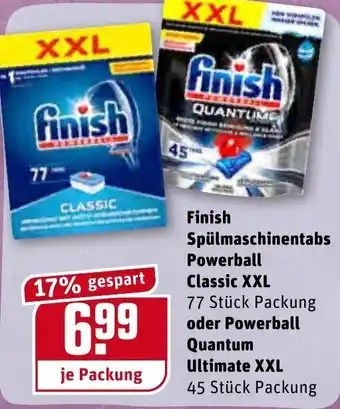 REWE Finish Spülmaschinentabs Powerball Classic XXL oder Powerball Quantum Ultimate XXL Angebot