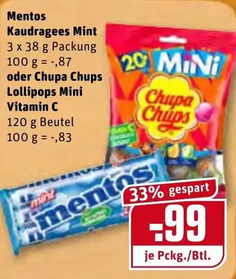 REWE Mentos Kaudragees Mint 3x38g oder Chupa Chups Lollipops Mini Vitamin C 120g Beutel Angebot