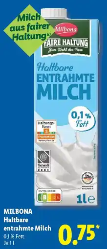 Lidl MILBONA Haltbare entrahmte Milch Angebot