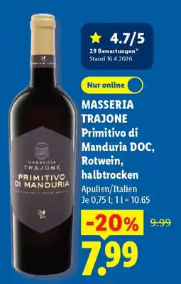 Lidl MASSERIA TRAJONE Primitivo di Manduria DOC, Rotwein, halbtrocken Angebot