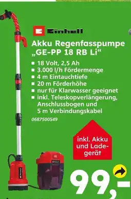 Globus Baumarkt Einhell akku regenfasspumpe ge-pp 18 rb li Angebot