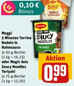 REWE Maggi 5 Minuten Terrine Nudeln in Rahmsauce oder Magic Asia Saucy Noodles Teriyaki Angebot