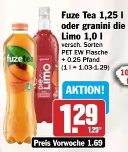 HIT Fuze Tea 1,25 I oder granini die Limo 1,0 l Angebot