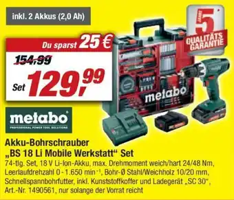 toom Baumarkt Metabo Akku Bohrschrauber BS 18 Li Mobile Werkstatt Set Angebot