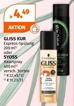 Müller GLISS KUR Express-Spülung 200 ml oder SYOSS Haarspray 400 ml Angebot