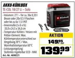 OBI Einhell AKKU-KÜHLBOX TE-COL 18/27 Li-Solo Angebot