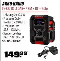 OBI Einhell AKKU-RADIO TE-CR 18 LI DAB+/FM/BT- Solo Angebot