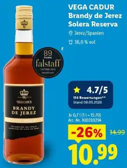 Lidl VEGA CADUR Brandy de Jerez Solera Reserva Angebot
