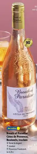 Lidl Breath of Paradise Côtes de Provence, Roséwein, trocken Angebot