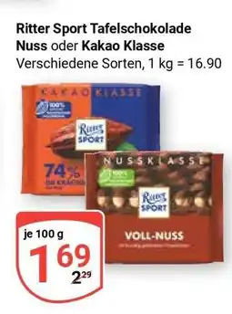Globus Ritter Sport Tafelschokolade Nuss oder Kakao Klasse Angebot