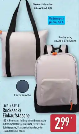 Aldi Nord LIVE IN STYLE Rucksack/ Einkaufstasche Angebot