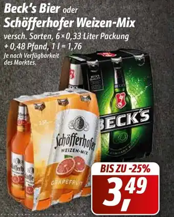 Simmel Beck's Bier oder Schöfferhofer Weizen-Mix 6 x 0.33 Liter Packung + 0.48 Pfand Angebot