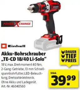 Hagebau Einhell Akku-Bohrschrauber „TE-CD 18/40 Li-Solo" Angebot