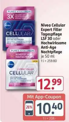 Rossmann Nivea Cellular Expert Filler Tagespflege LSF 30 oder Hochwirksame Anti-Age Nachtpflege Angebot