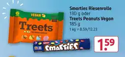 Rossmann Smarties Riesenrolle oder Treets Peanuts Vegan Angebot
