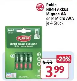 Rossmann Rubin NiMH Akkus Mignon AA oder Micro AAA je 4 Stück Angebot