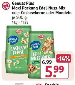 Rossmann Genuss plus maxi packung edel-nuss-mix, cashewkerne oder mandeln Angebot