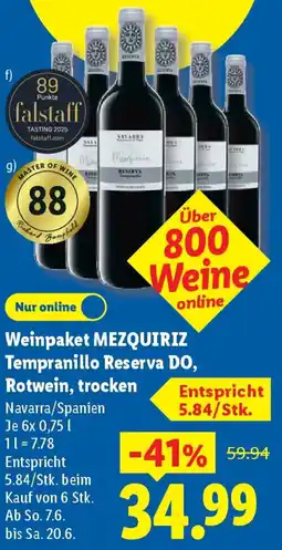 Lidl Weinpaket MEZQUIRIZ Tempranillo Reserva DO, Rotwein, trocken Angebot