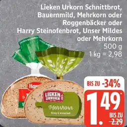 Edeka Lieken Urkorn Schnittbrot, Bauernmild, Mehrkorn oder Roggenbäcker oder Harry Steinofenbrot, Unser Mildes oder Mehrkorn Angebot