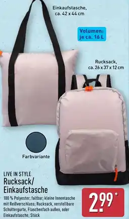 Aldi Nord LIVE IN STYLE Rucksack/ Einkaufstasche Angebot