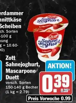 HIT Zott Sahnejoghurt, Mascarpone Duett Angebot