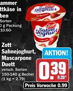 HIT Zott Sahnejoghurt, Mascarpone Duett Angebot