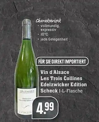 Scheck-in-Center Vin D'alsace Les Trois Collines Edelzwicker Edition Scheck Angebot