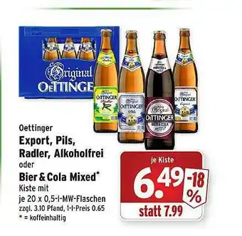 Wasgau Oettinger Export, Pils, Radler, Alkoholfrei Oder Bier & Cola Mixed Angebot