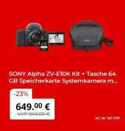 MediaMarkt SONY Alpha ZV-E10K Kit + Tasche 64 GB Speicherkarte Systemkamera Angebot