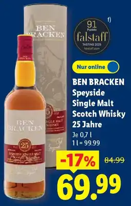 Lidl BEN BRACKEN Speyside Single Malt Scotch Whisky 25 Jahre Angebot