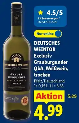 Lidl DEUTSCHES WEINTOR Exclusiv Grauburgunder QbA, Weißwein, trocken Angebot