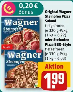 REWE Original Wagner Steinofen Pizza Salami oder Steinofen Pizza BBQ-Style Angebot