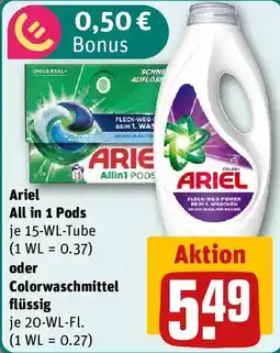 REWE Ariel All in 1 Pods oder Colorwaschmittel flüssig Angebot