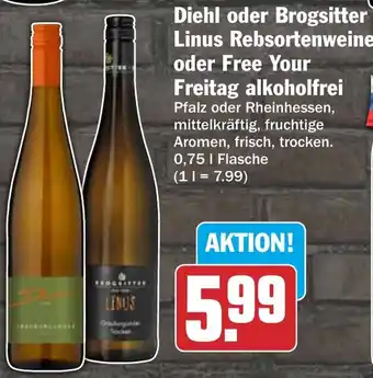 HIT Diehl oder Brogsitter Linus Rebsortenweine oder Free Your Freitag alkoholfrei Angebot