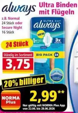 Norma always Ultra Binden mit Flügeln Angebot