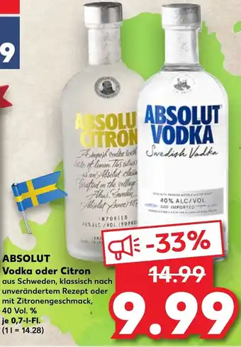 Kaufland Absolut Vodka oder Citron je 0.7-l-Fl. Angebot