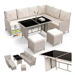 Netto Marken-Discount Juskys Gartenlounge Manacor creme - Sofa, Tisch, Hocker & Kissen - 8 Personen - Sitzbezüge in Sand Angebot