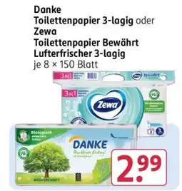 Rossmann Danke Toilettenpapier 3-lagig oder Zewa Toilettenpapier Bewährt Lufterfrischer 3-lagig Angebot