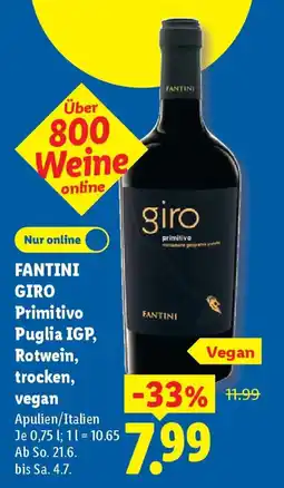 Lidl FANTINI GIRO Primitivo Puglia IGP, Rotwein, trocken, vegan Angebot