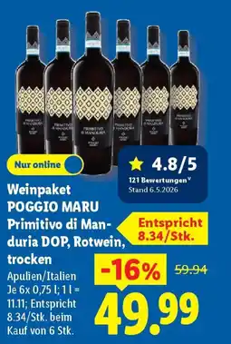 Lidl Weinpaket POGGIO MARU Primitivo di Man- duria DOP, Rotwein, trocken Angebot