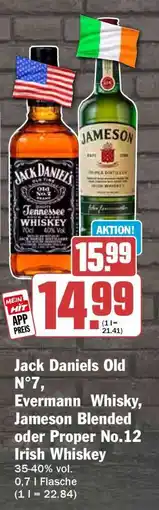 HIT Jack Daniels Old N°7, Evermann Whisky, Jameson Blended oder Proper No.12 Irish Whiskey Angebot