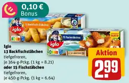 REWE iglo 13 Backfisch-Stäbchen oder 15 Fischstäbchen Angebot
