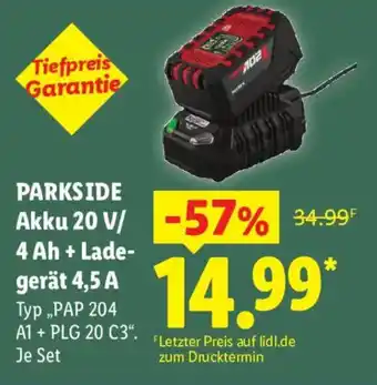 PARKSIDE Akku 20V/ 4 Ah + Ladegerät 4,5 A