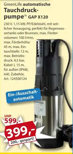 Sonderpreis Baumarkt GreenLife automatische Tauchdruckpumpe GAP X120 Angebot