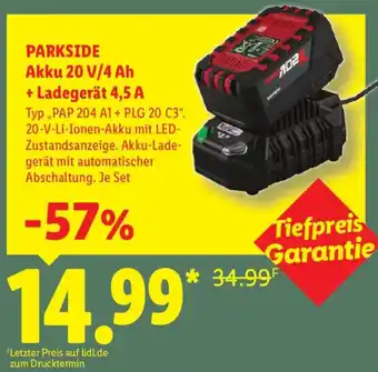 PARKSIDE Akku 20 V/4 Ah + Ladegerät 4,5 A