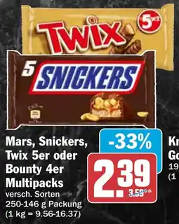 HIT Mars, Snickers, Twix 5er oder Bounty 4er Multipacks Angebot